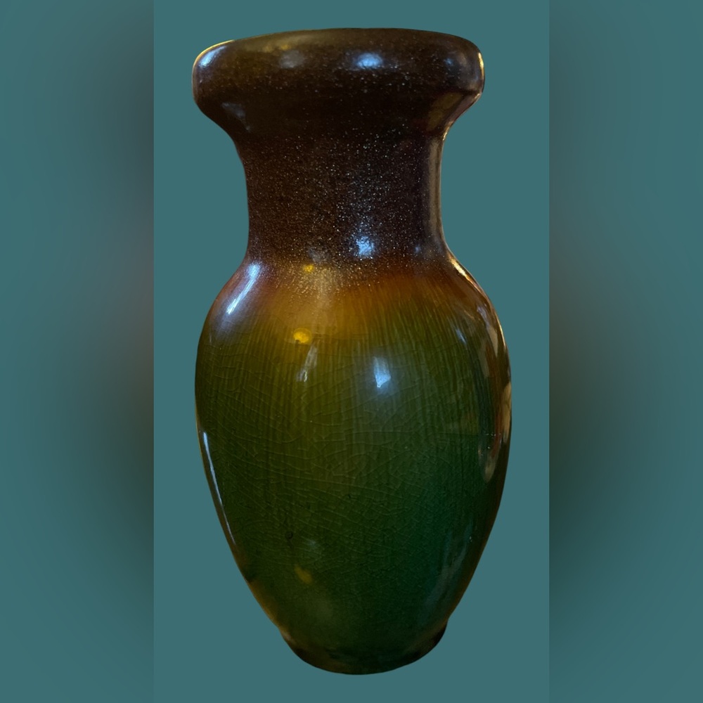 Vintage Hosley Pottery Art Glazed Finish Vase - Brown Sparkle Amber Green 6” MCM